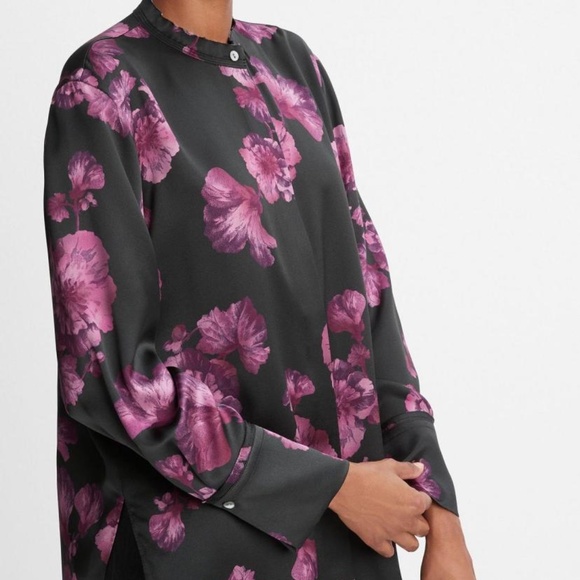 VINCE Begonia Floral 100% Silk Raw Edge Band Collar Blouse Top Wine & Blk SZ L - Picture 4 of 11